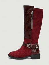 cheap Riding Boots-Women's Burgundy Croc Trim Knee-High Boots, Side Zipper Metal Tassel Buckle Tall Boots, Retro Faux Suede Boots for City Street Commute, Country Farm Trips, Travel Sightseeing &amp; Coffee Shop Dates