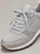 cheap Women's Sneakers-Women's Silver Glitter Sneakers with Rhinestone Embellishments, Lace-Up Low-Top Mesh Fashion Sneakers, Flat Sole Shoes for Fashion-Forward Women, Party, Casual Streetwear &amp; Evening Events