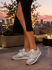 cheap Women's Sneakers-Women's Silver Glitter Sneakers with Rhinestone Embellishments, Lace-Up Low-Top Mesh Fashion Sneakers, Flat Sole Shoes for Fashion-Forward Women, Party, Casual Streetwear &amp; Evening Events