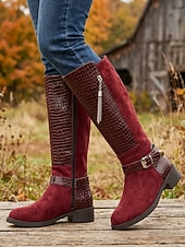 cheap Riding Boots-Women's Burgundy Croc Trim Knee-High Boots, Side Zipper Metal Tassel Buckle Tall Boots, Retro Faux Suede Boots for City Street Commute, Country Farm Trips, Travel Sightseeing &amp; Coffee Shop Dates