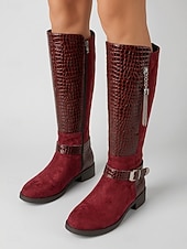 cheap Riding Boots-Women's Burgundy Croc Trim Knee-High Boots, Side Zipper Metal Tassel Buckle Tall Boots, Retro Faux Suede Boots for City Street Commute, Country Farm Trips, Travel Sightseeing &amp; Coffee Shop Dates