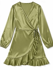  Damskie Sukienka do kolan Satynowa sukienka Moda Romantyczna Elegancka sukienka Impreza Regularny Równina Długi rękaw W serek Khaki Zieleń wojskowa Pomarańczowy Ciemnoniebieski Lato Jesień
