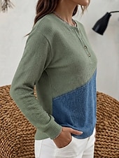 Lässiges Damen-Henley-Top mit Waffel-Patchwork-Denim-Muster und asymmetrischem Saum, langärmlig, grau, grün, beige, Herbst/Winter