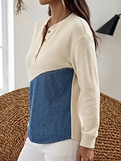  Lässiges Damen-Henley-Top mit Waffel-Patchwork-Denim-Muster und asymmetrischem Saum, langärmlig, grau, grün, beige, Herbst/Winter