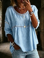  Damen Bluse Einfarbig Elegant Bohemien Dreiviertelarm Quadrathals Normale Oberteile Outdoor Blau Weiß Rosa Grün Kaki Sommer Frühling
