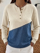 Lässiges Damen-Henley-Top mit Waffel-Patchwork-Denim-Muster und asymmetrischem Saum, langärmlig, grau, grün, beige, Herbst/Winter