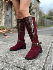 cheap Riding Boots-Women's Burgundy Croc Trim Knee-High Boots, Side Zipper Metal Tassel Buckle Tall Boots, Retro Faux Suede Boots for City Street Commute, Country Farm Trips, Travel Sightseeing &amp; Coffee Shop Dates