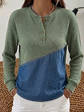  Lässiges Damen-Henley-Top mit Waffel-Patchwork-Denim-Muster und asymmetrischem Saum, langärmlig, grau, grün, beige, Herbst/Winter