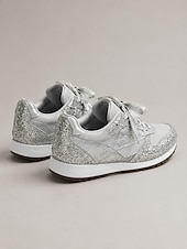 cheap Women's Sneakers-Women's Silver Glitter Sneakers with Rhinestone Embellishments, Lace-Up Low-Top Mesh Fashion Sneakers, Flat Sole Shoes for Fashion-Forward Women, Party, Casual Streetwear &amp; Evening Events