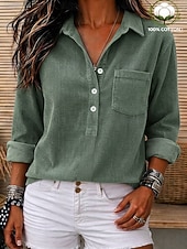  Per donna 100% cotone Camicia di Velluto a Coste Tessuto Patchwork Tasca Vintage Manica Lunga Henry Collar Casuale Verde chiaro Autunno Inverno