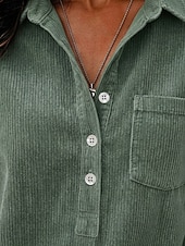  Per donna 100% cotone Camicia di Velluto a Coste Tessuto Patchwork Tasca Vintage Manica Lunga Henry Collar Casuale Verde chiaro Autunno Inverno