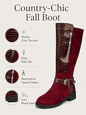 cheap Riding Boots-Women's Burgundy Croc Trim Knee-High Boots, Side Zipper Metal Tassel Buckle Tall Boots, Retro Faux Suede Boots for City Street Commute, Country Farm Trips, Travel Sightseeing &amp; Coffee Shop Dates