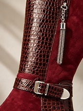cheap Riding Boots-Women's Burgundy Croc Trim Knee-High Boots, Side Zipper Metal Tassel Buckle Tall Boots, Retro Faux Suede Boots for City Street Commute, Country Farm Trips, Travel Sightseeing &amp; Coffee Shop Dates