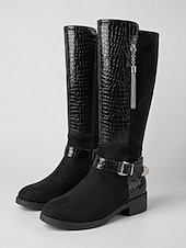 cheap Riding Boots-Women's Burgundy Croc Trim Knee-High Boots, Side Zipper Metal Tassel Buckle Tall Boots, Retro Faux Suede Boots for City Street Commute, Country Farm Trips, Travel Sightseeing &amp; Coffee Shop Dates