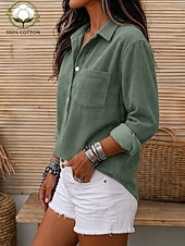  Per donna 100% cotone Camicia di Velluto a Coste Tessuto Patchwork Tasca Vintage Manica Lunga Henry Collar Casuale Verde chiaro Autunno Inverno