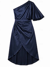  Damskie Sukienka do kolan Satynowa sukienka Elegancja Romantyczna Elegancka sukienka Na zewnątrz Wieczorna impreza Impreza Regularny Równina Krótki rękaw Z odsłoniętymi ramionami Opalizujący Czarny