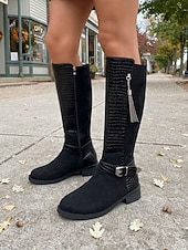 cheap Riding Boots-Women's Burgundy Croc Trim Knee-High Boots, Side Zipper Metal Tassel Buckle Tall Boots, Retro Faux Suede Boots for City Street Commute, Country Farm Trips, Travel Sightseeing &amp; Coffee Shop Dates