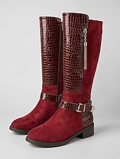 cheap Riding Boots-Women's Burgundy Croc Trim Knee-High Boots, Side Zipper Metal Tassel Buckle Tall Boots, Retro Faux Suede Boots for City Street Commute, Country Farm Trips, Travel Sightseeing &amp; Coffee Shop Dates