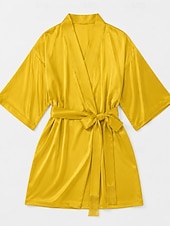 cheap Women's Robes-Women's Satin Sleepwear Satin Nightgown Loungewear Robe Fashion Casual Pure Color Satin Silky Pajamas Pyjamas Patchwork Dress Shorts Home Vacation Short Sleeve V Neck Black Yellow Pink Red Navy Blue
