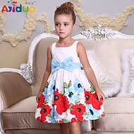 Girls\' Sleeveless 3D Printed Graphic Dresses Floral Bow Cotton Dress Summer