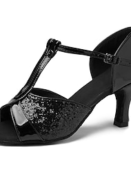 Women's Latin Shoes Dance Shoes Indoor Practice Heel Glitter Sequin Cuban Heel Closed Toe Buckle T-Strap Adults' Silver Black Fuchsia