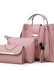 Mulheres Conjuntos de saco Couro PU Conjunto de bolsa de 3 peças Compras Ziper Franjas Preto Branco Rosa