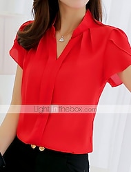 Damen Hemd Bluse Weiß Rosa Rote Glatt Kurzarm Arbeit Casual Basic Elegant V Ausschnitt Standard Schlank S