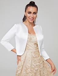 Women's Satin Long Sleeve White Open Front Bolero Shrug Coats Jackets Casual Elegant Pure Color Open Front Slim Fit For Party Evening Mother of Bride  Wedding Guest Simple Wedding Wraps Spring & Fall