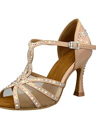 Women's Latin Shoes Party Training Performance Glitter Crystal Sequined Jeweled Heel Crystal / Rhinestone Tulle Flared Heel T-Strap Almond Black Chocolate / Satin