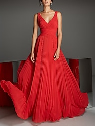 A-Line Empire Red Green Dress Formal Evening Dress V Neck Sleeveless Floor Length Chiffon with Pleats 2024