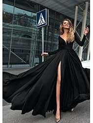 A-Line Evening Gown Empire Black Dress Holiday Wedding Guest Floor Length Long Sleeve V Neck Chiffon V Back with Slit Pure Color 2024