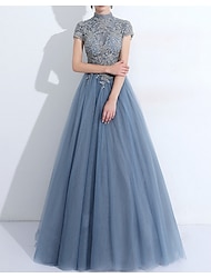 A-Linie Abendkleider Elegant Kleid kleid hochzeitsgast Quinceanera Boden-Länge Kurzarm Stehkragen Tüll mit Plissee Applikationen 2024