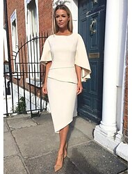 Sheath / Column Mother of the Bride Dress Wedding Guest Elegant Simple Plus Size Jewel Neck Asymmetrical Knee Length Charmeuse Half Sleeve with Tier 2024