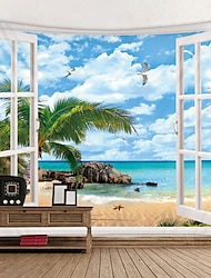 ikkuna maisema seinä kuvakudos taide sisustus viltti verho piknik-pöytäliina riippuva kodin makuuhuone olohuone asuntolakoristelu polyesteri meri valtameri ranta palmu