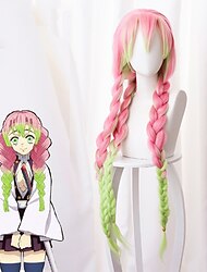 mitsuri kanroji cosplay demon slayer: kimetsu no yaiba kanroji mitsuri pelucas de cosplay trenza de mujer 40 pulgadas fibra resistente al calor trenzada rosa peluca de anime para adultos peluca de