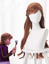 Cosplay Perücke Cosplay Perücke Anna Frozen II lockig asymmetrisch mit Pony Perücke sehr lang braun Kunsthaar 28 Zoll Damen Anime Cosplay braune Halloween Perücken