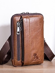 Sleek Brown Leather Vertical Sling Bag - Compact Men's Crossbody Bag with Multiple Zippered Pockets, Ideal for Daily Use and Travel