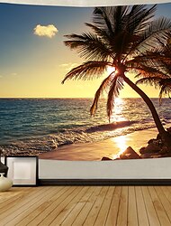 Tapiz de pared art deco manta cortina picnic mantel colgante hogar dormitorio sala de estar dormitorio decoración fibra de poliéster serie de playa árbol de coco nube blanca puesta de sol resplandor