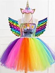 Unicorn Dress Wings Headband Girls' Movie Cosplay Dance Tight Tutus Vacation Dress Golden Blue Rainbow Dress Wings Headwear Halloween Carnival Princess World Book Day Costumes