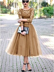 Abiti da Cocktail A-Line Abito Elegante Lunghezza Caviglia Maniche 3/4 Collo Gioiello Invitata di Matrimonio in Tulle con Plissettature Inserti in Pizzo