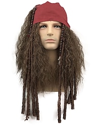 Pirate Cosplay Wigs Men‘s With Headband 24 inch Yaki Auburn Anime Wig Halloween Wigs