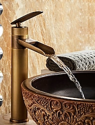 Grifo mezclador de lavabo de baño en cascada, grifos de lavabo monomando de latón antiguo alto con manguera fría y caliente