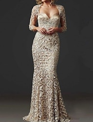Mermaid / Trumpet Mother of the Bride Dress Wedding Guest Elegant Sweetheart Floor Length Lace 3/4 Length Sleeve with Lace 2024