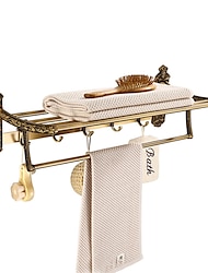 Multifunction Carved Towel Bar Antique Aluminum Bathroom Shelf with 5 Hooks Wall Mounted 1pc