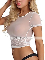 Women's T shirt Tee Mesh Plain See Through Home Sexy Y2K Short Sleeve Round Neck Black
