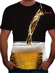 Camiseta de hombre con estampado de cerveza, cuello redondo, manga corta, negro, rosa, dorado, básico, cómodo, camisetas gráficas grandes y altas.