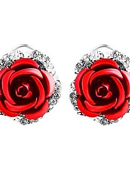 Pendientes de botón de diamantes de imitación de flor rosa delicada para mujer rojo