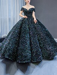 Ball Gown Party Dress Luxurious Sparkle Quinceanera Formal Evening Birthday Dress Off Shoulder Sleeveless Floor Length Sequined with Pleats Sequin 2022
