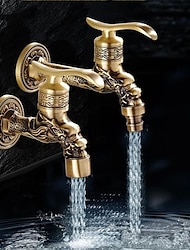 Outdoor Faucet,Wall Mount Antique Brass Faucet,Garden Outdoor Decorative Hose 1/2 inch Connection Spigot Carving Desigh with Cold Water Only