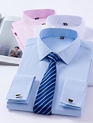 男性用 ドレスシャツ ボタンアップシャツ 襟付きのシャツ フレンチカフシャツ ホワイト ピンク ブルー 長袖 平織り 折襟 春、夏、秋、冬 結婚式 パーティー 衣類 襟付きシャツ